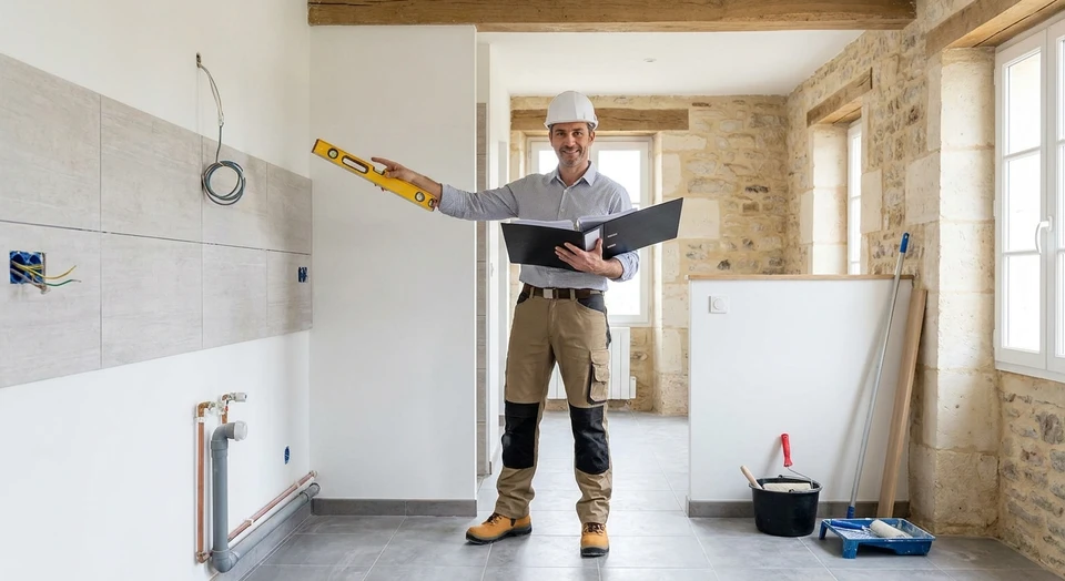 Électricien professionnel travaillant sur installation électrique murale intérieure, portant gants de sécurité orange et noir
