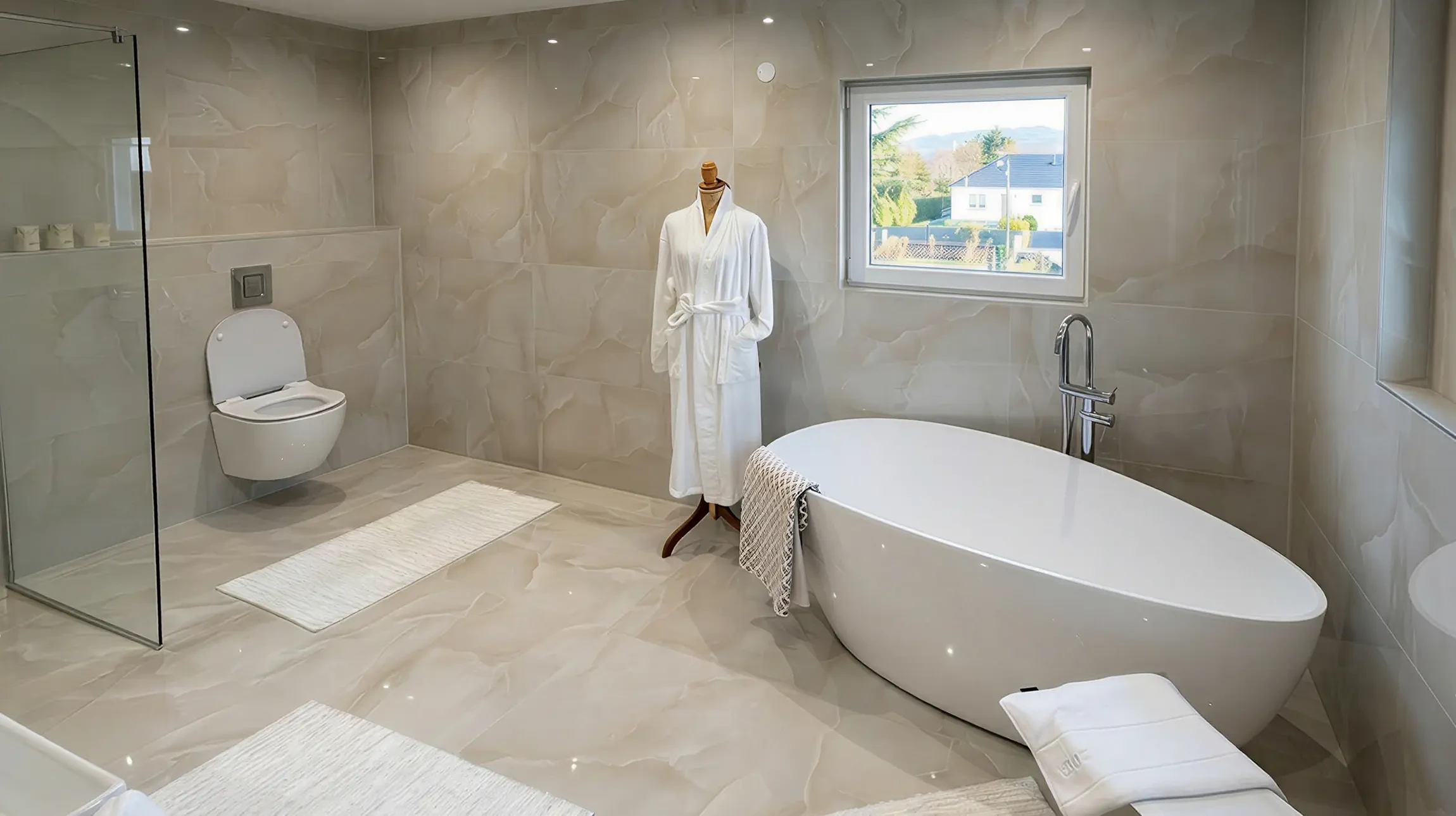 Salle de bain moderne haut de gamme avec douche à l'italienne vitrée, meuble vasque suspendu en bois texturé, miroir rétroéclairé LED